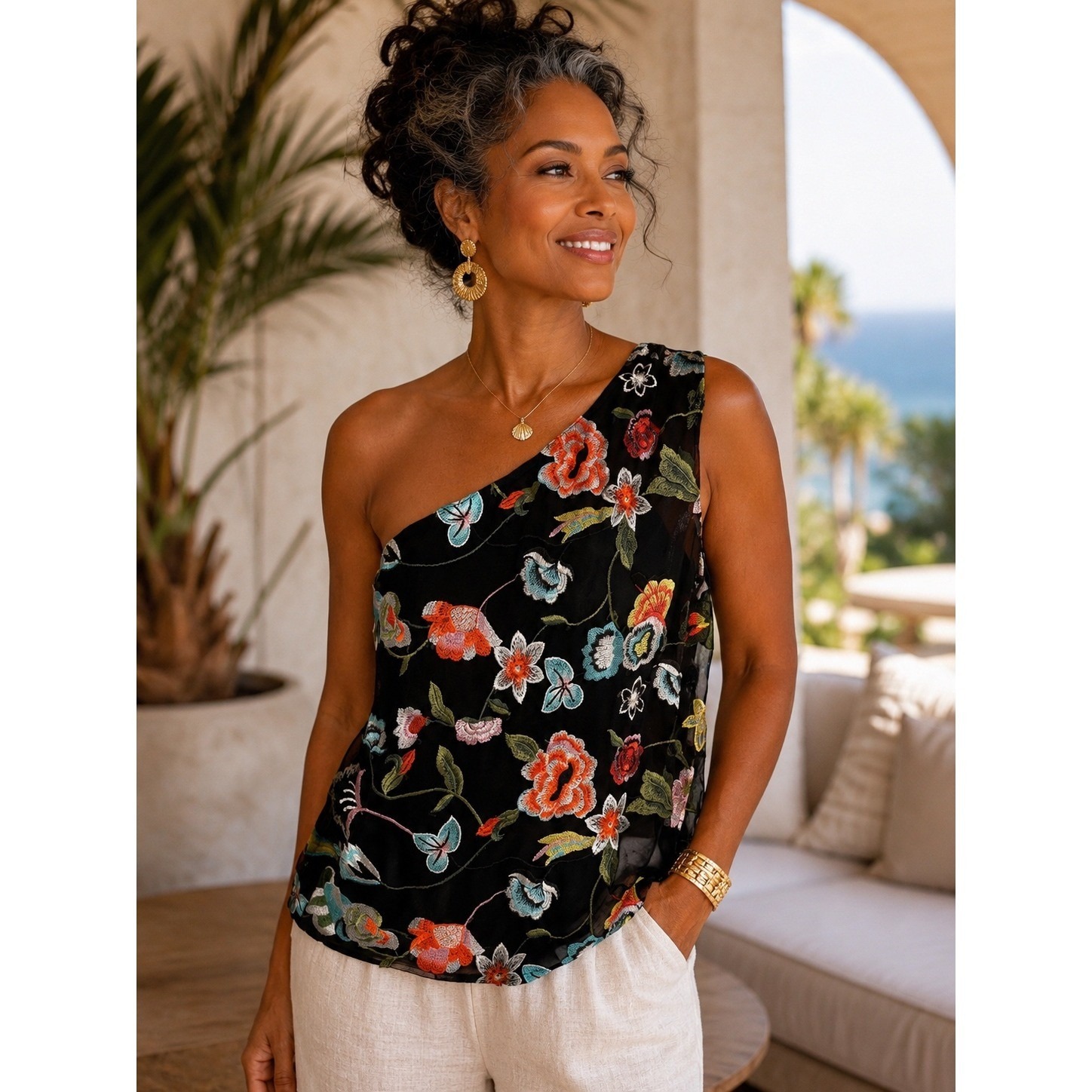 Inc International Concepts One Shoulder Embroidered Floral Mesh Black Top S
